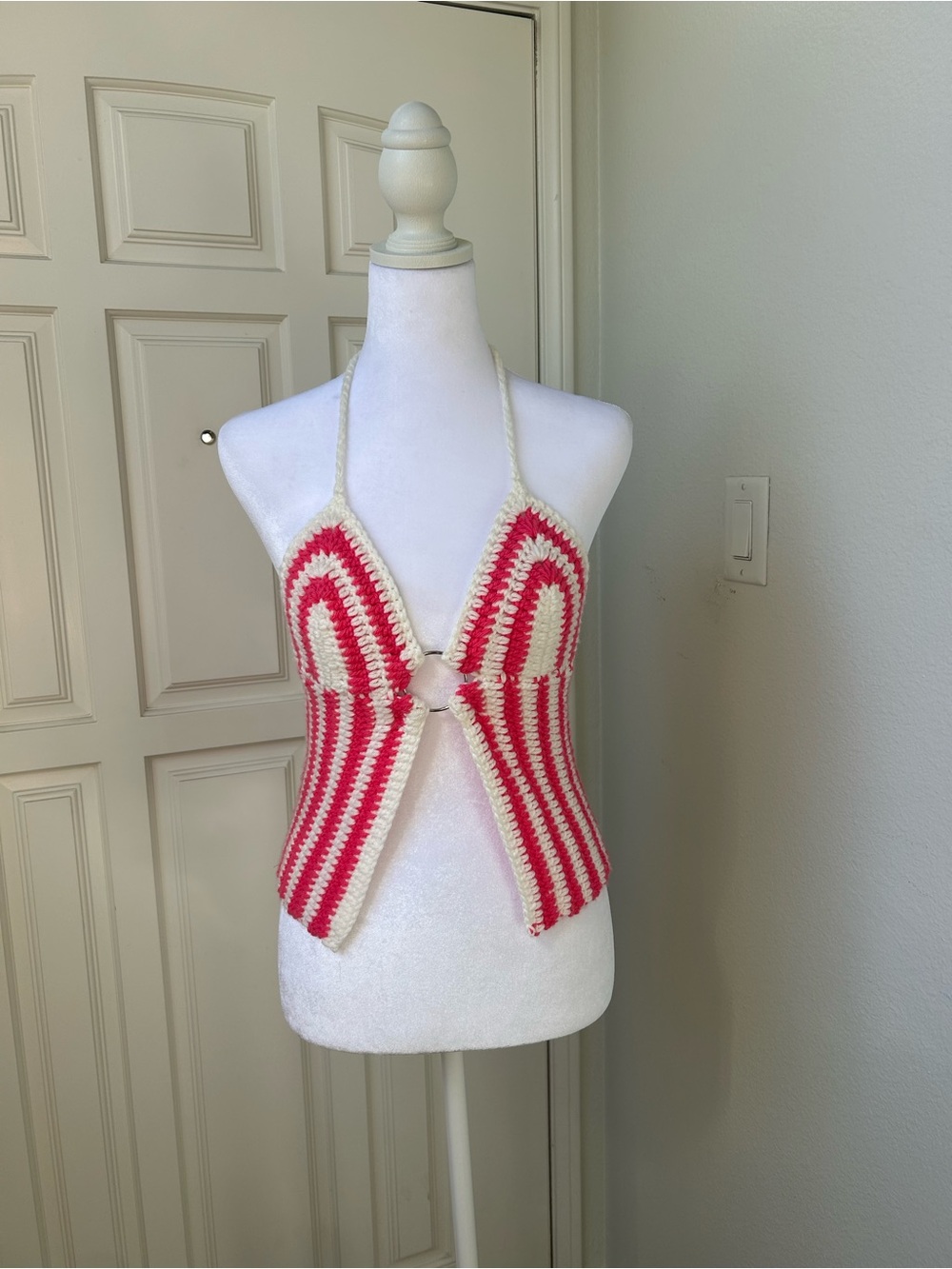 Handmade Crochet Raspberry Pink & Cream Halter Top | Coquette Boho Festival |